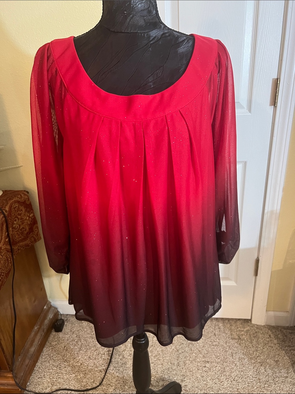 Sara Michelle Red to Black Ombre Sheer Long-Sleeve Tunic